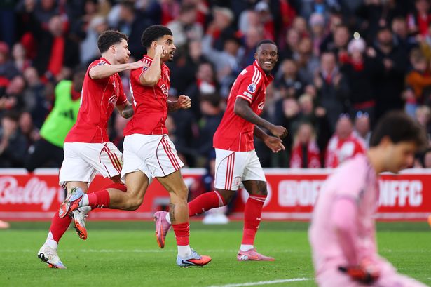 Morgan Gibbs-White of Nottingham Forest celebrates scoring during the Premier League match between Nottingham Forest and Manchester United at City Ground